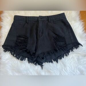 SHEIN Black Distressed Denim Frayed Hem Shorts